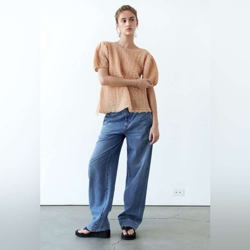 NEW Zara Wrinkle Effect Knit Top With Balloon Sleeves Open Back Design Sz S